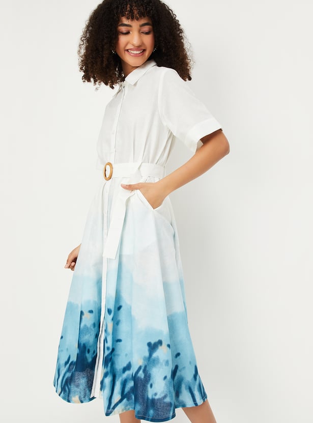 Women Floral Print Belted Shirt Dress