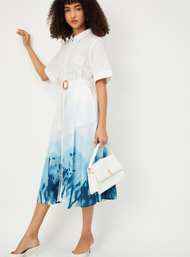 Women Floral Print Belted Shirt Dress