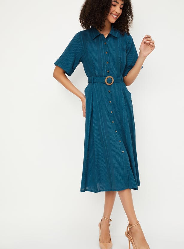 Women Textured Belted Shirt Dress