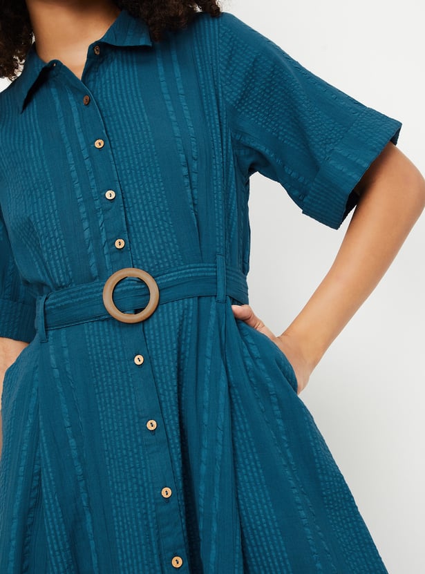 Women Textured Belted Shirt Dress