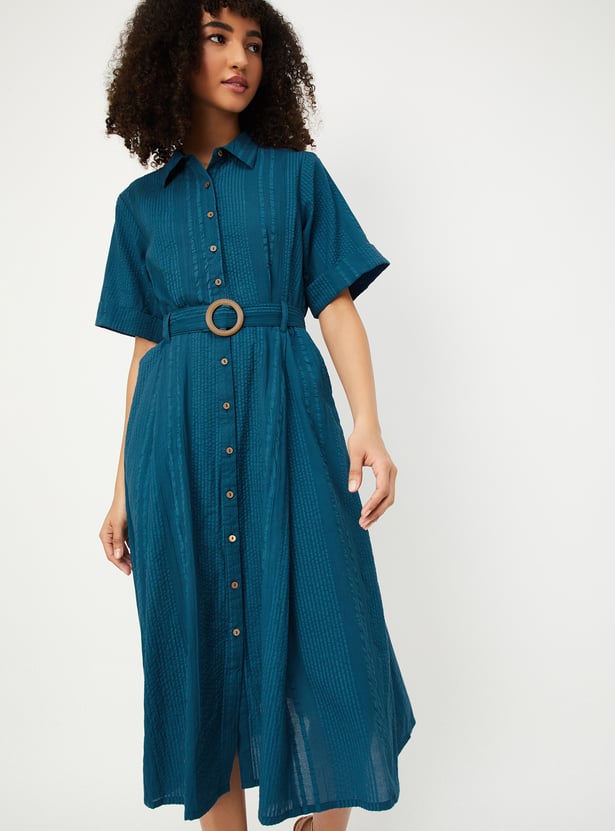 Women Textured Belted Shirt Dress