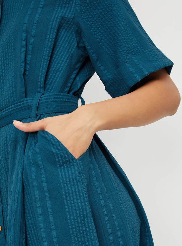 Women Textured Belted Shirt Dress