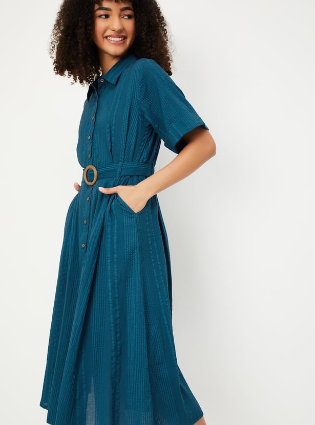 Women Textured Belted Shirt Dress