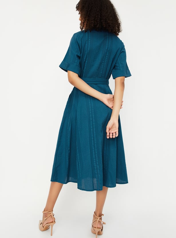 Women Textured Belted Shirt Dress
