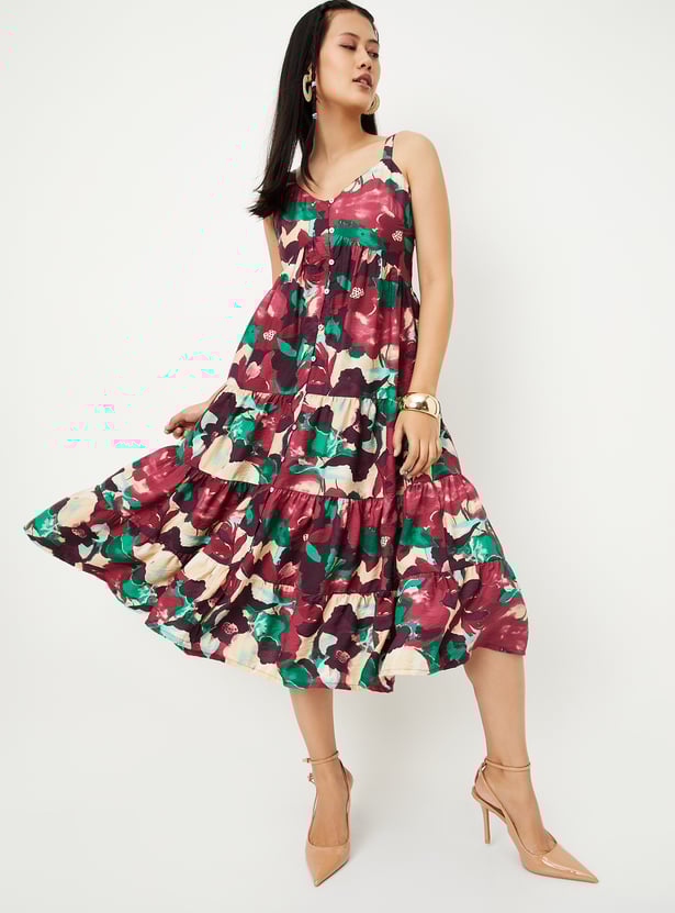 Women Floral Print Tiered Dress