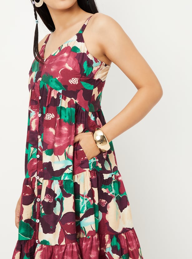 Women Floral Print Tiered Dress