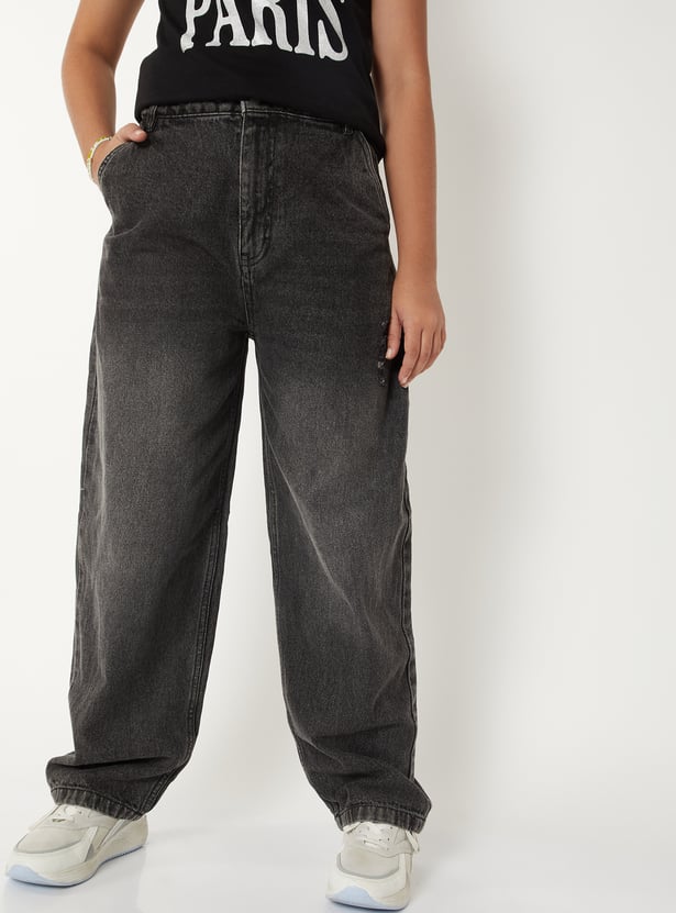 Buy Girls Washed Barrel Fit Jeans Online at just Rs. 899.0