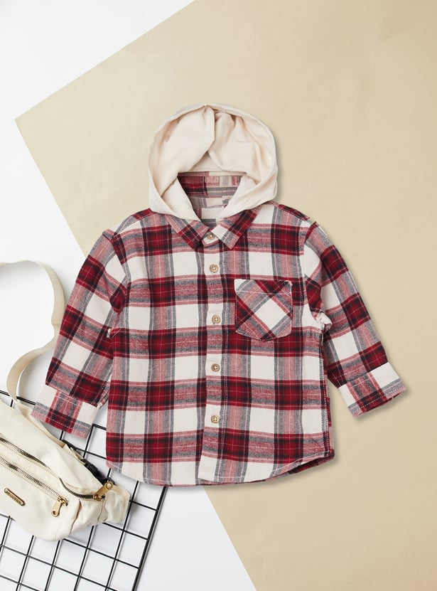 Boys Checked Hooded Shirt