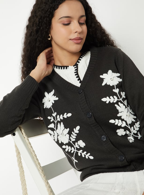 Women Floral Knit Cardigan