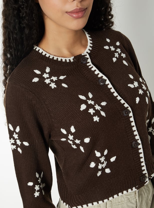 Women Floral Embroidered Cropped Cardigan