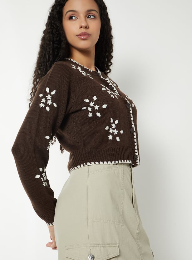Women Floral Embroidered Cropped Cardigan