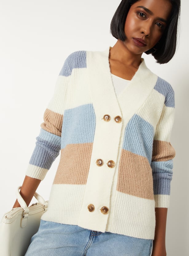 Women Knit Colourblock Cardigan