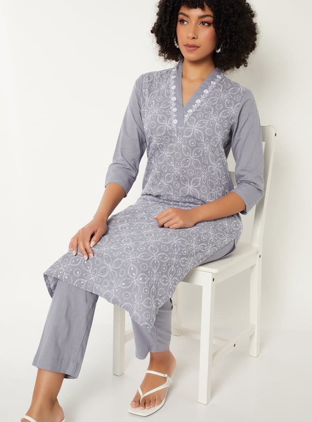 Women Embroidered Straight Kurta Set