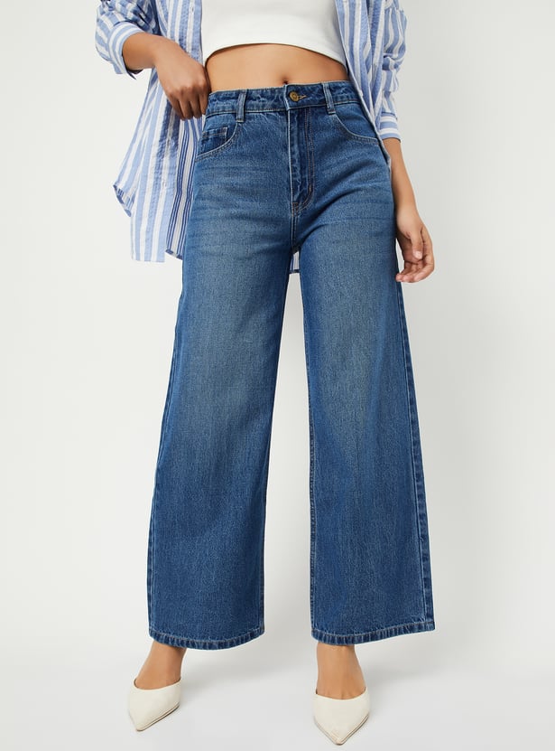 Women Washed High Rise Wide Leg Jeans