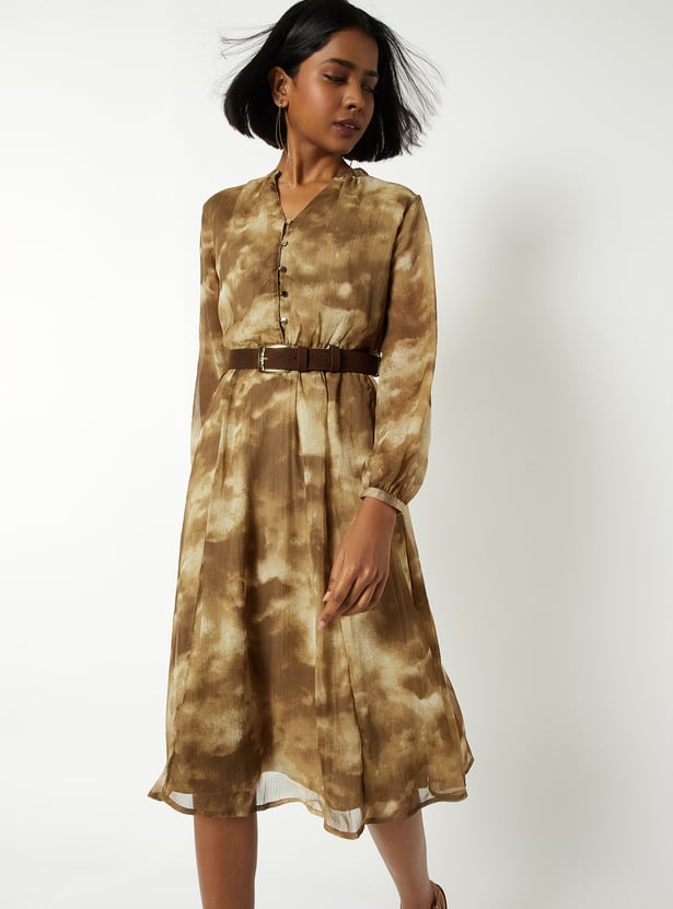 Women Printed A-line Dress with Belt