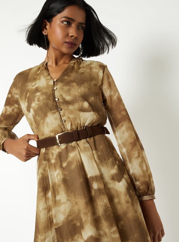 Women Printed A-line Dress with Belt