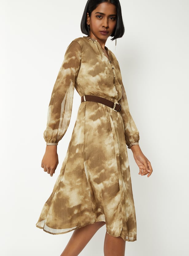 Women Printed A-line Dress with Belt