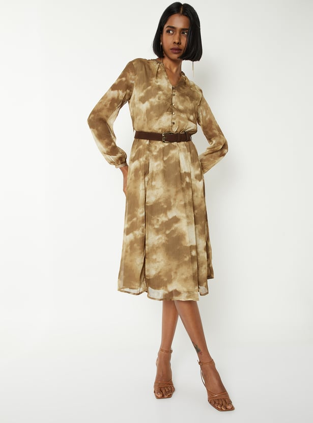 Women Printed A-line Dress with Belt