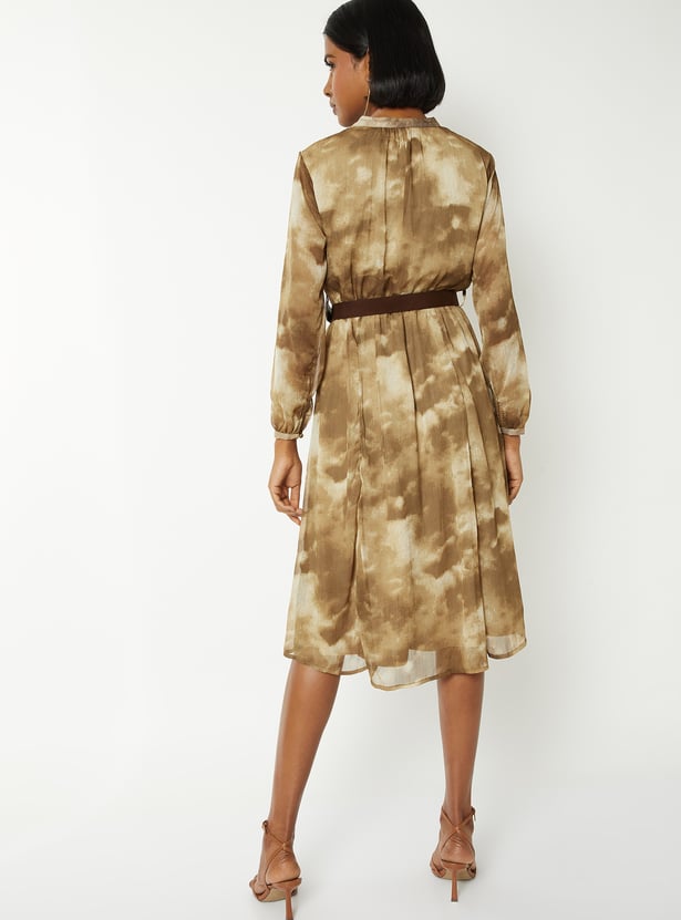 Women Printed A-line Dress with Belt