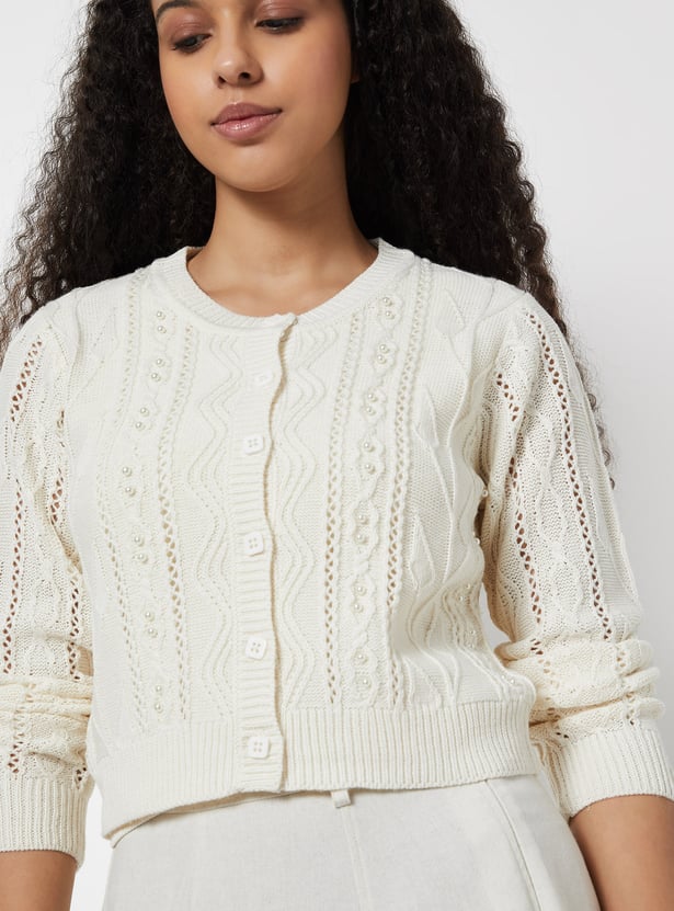 Buy Women Jacquard Pearl Embellished Cardigan Online at just Rs