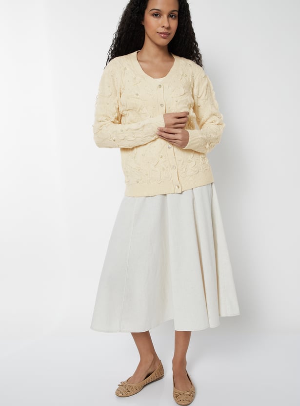 Women Jacquard Beaded Cardigan