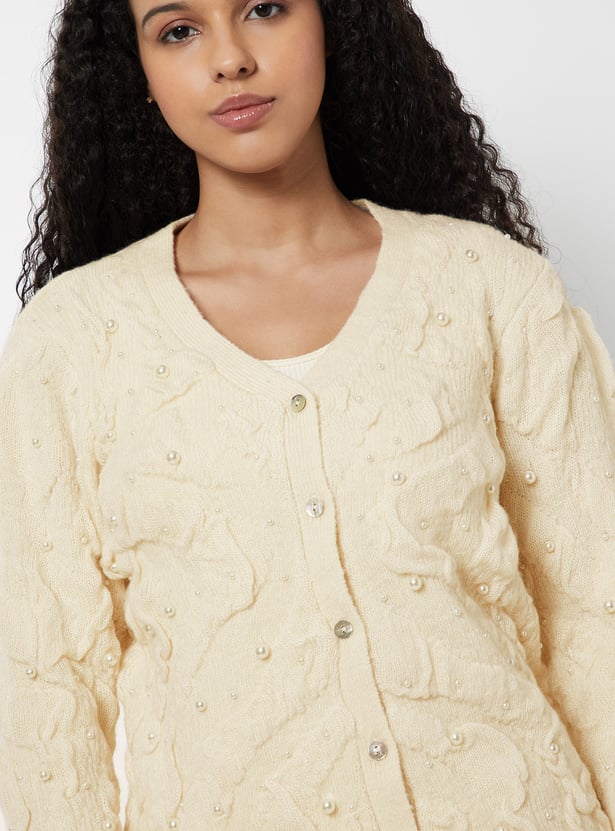 Women Jacquard Beaded Cardigan