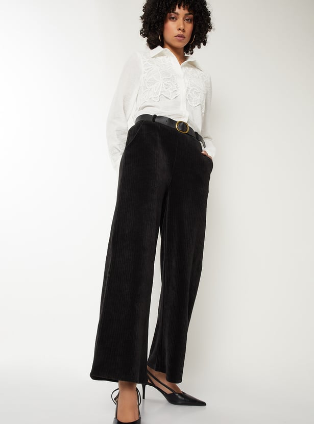 Women Pleated Wide Leg Corduroy Trousers