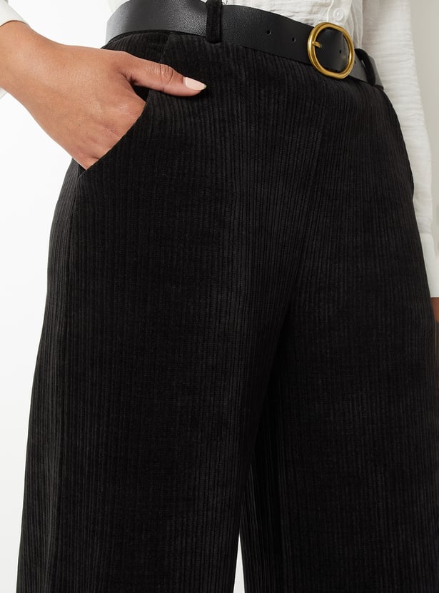 Women Pleated Wide Leg Corduroy Trousers