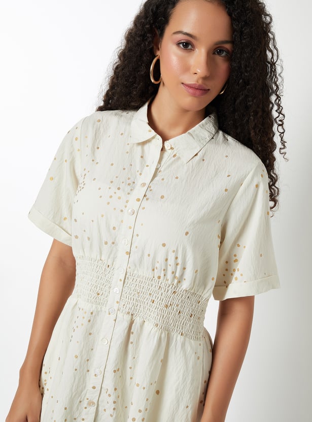 White Printed A-line Midi Dress