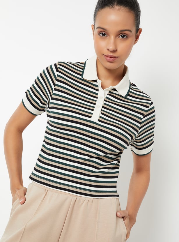 Women Striped Sports Polo T-shirt