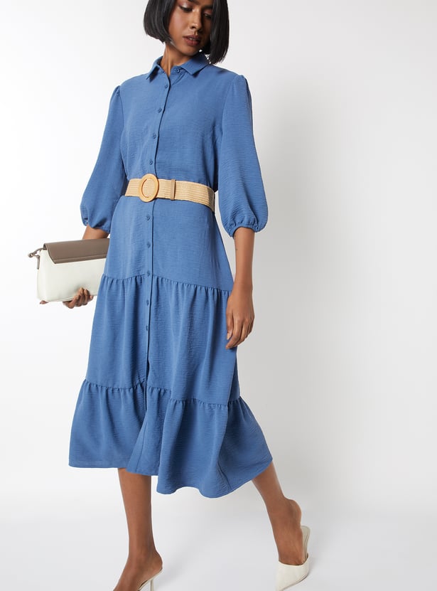 Women Textured Tiered Dress with Belt