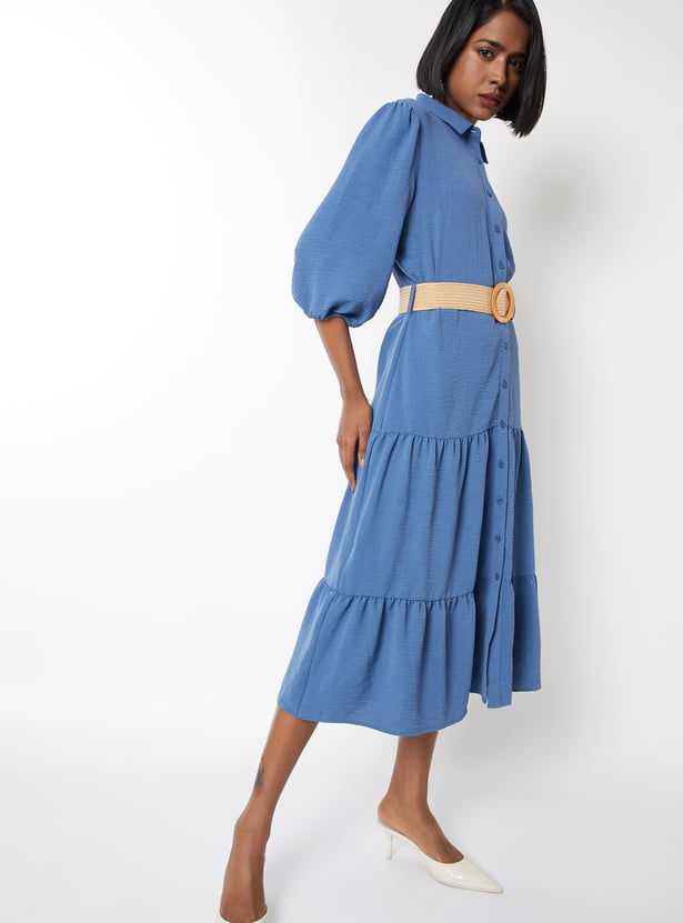 Women Textured Tiered Dress with Belt