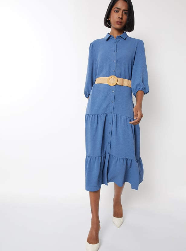 Women Textured Tiered Dress with Belt