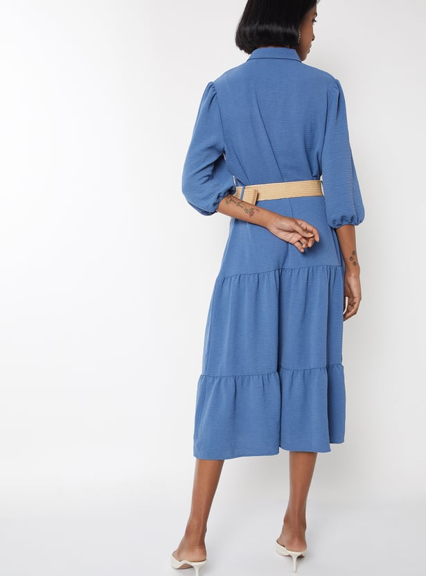 Women Textured Tiered Dress with Belt