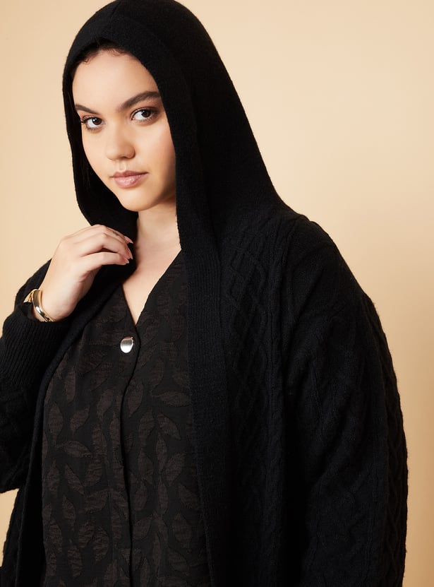 Women Knit Hooded Longline Cardigan