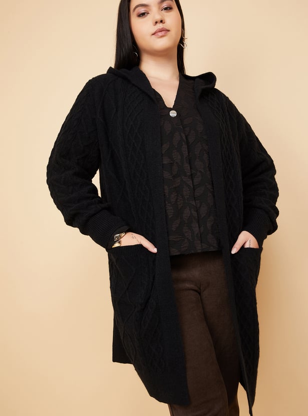 Women Knit Hooded Longline Cardigan