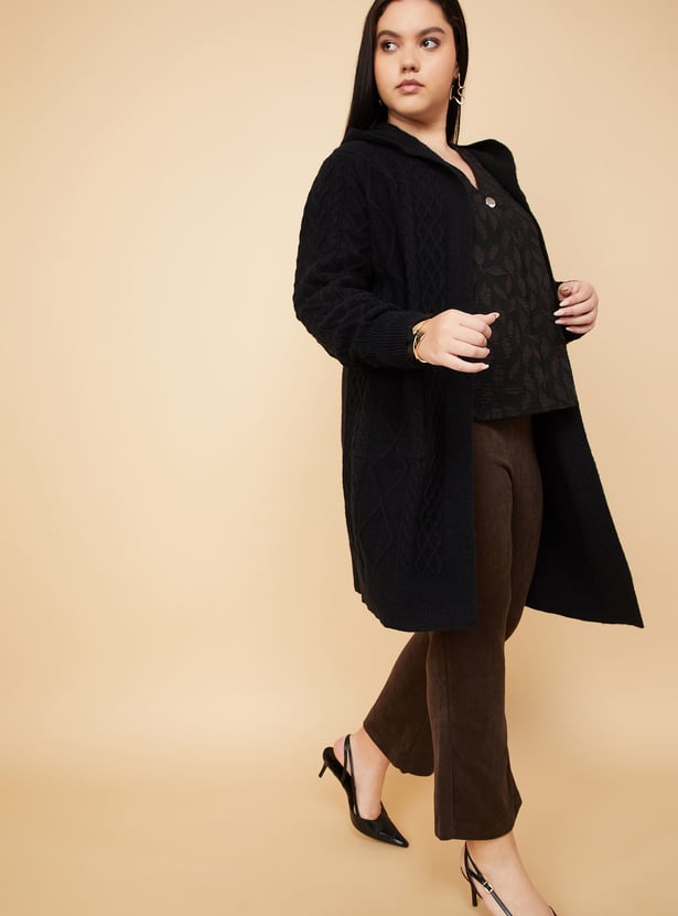 Women Knit Hooded Longline Cardigan