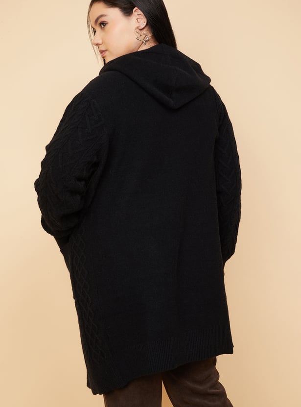 Women Knit Hooded Longline Cardigan