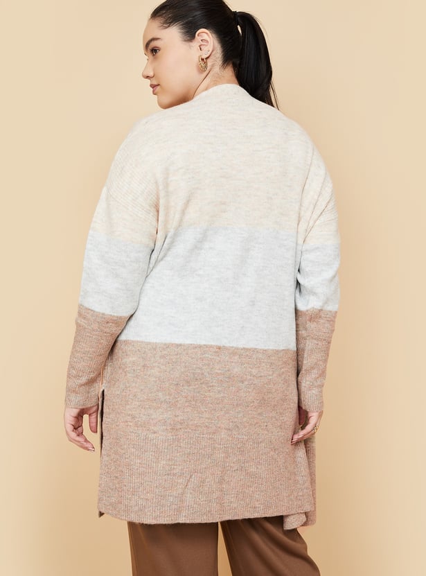 Women Knit Colourblock Longline Cardigan