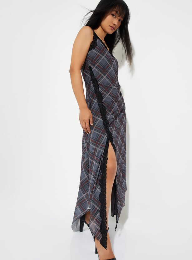 URB_N Women Checked A-line Side Slit Dress