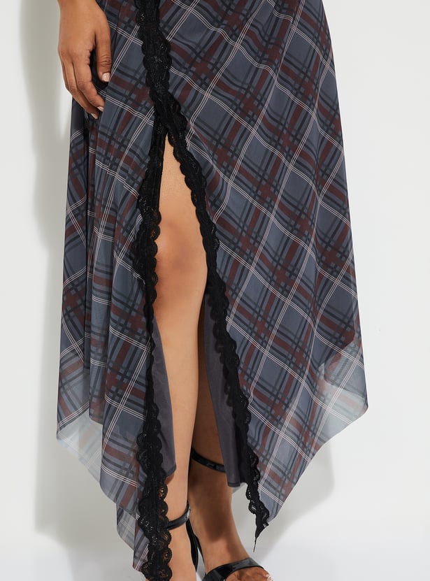 URB_N Women Checked A-line Side Slit Dress