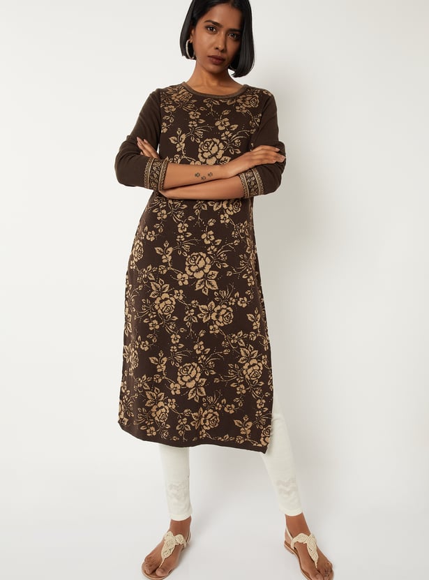 Women Floral Knit Straight Kurta