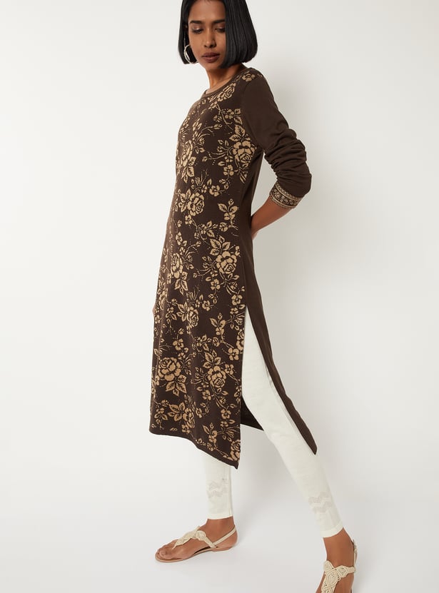 Women Floral Knit Straight Kurta
