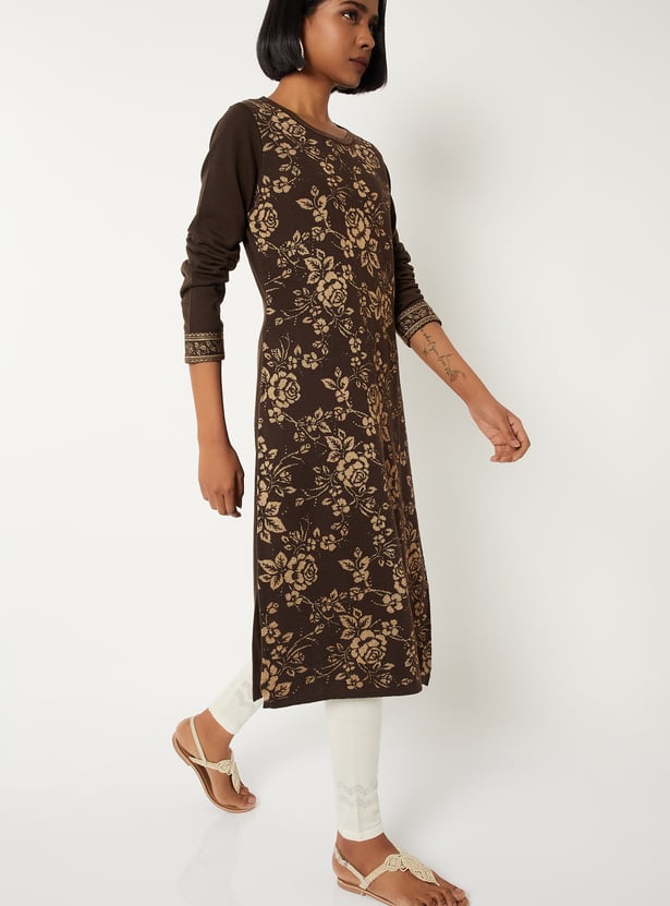 Women Floral Knit Straight Kurta