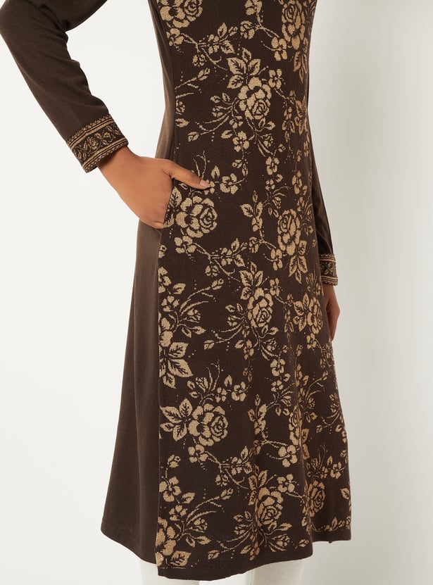 Women Floral Knit Straight Kurta