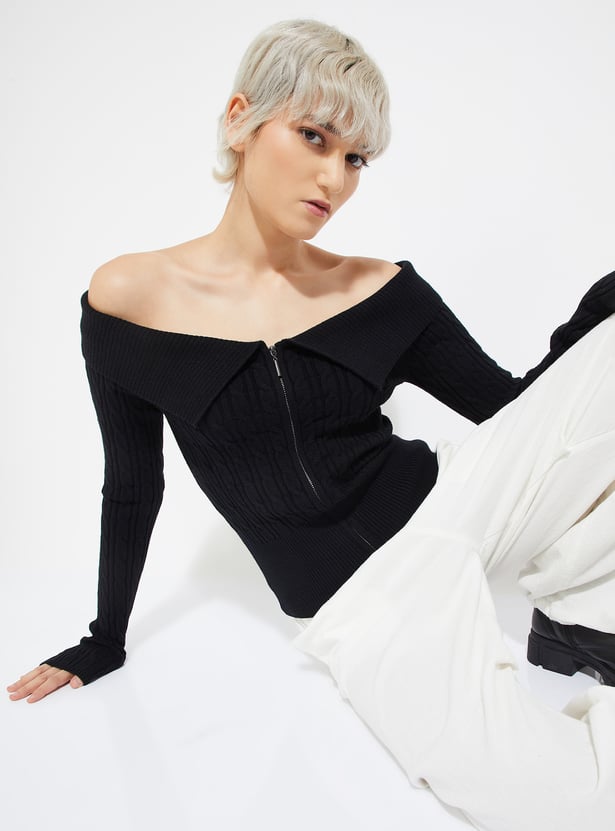 Women Knit Off Shoulder Jacket