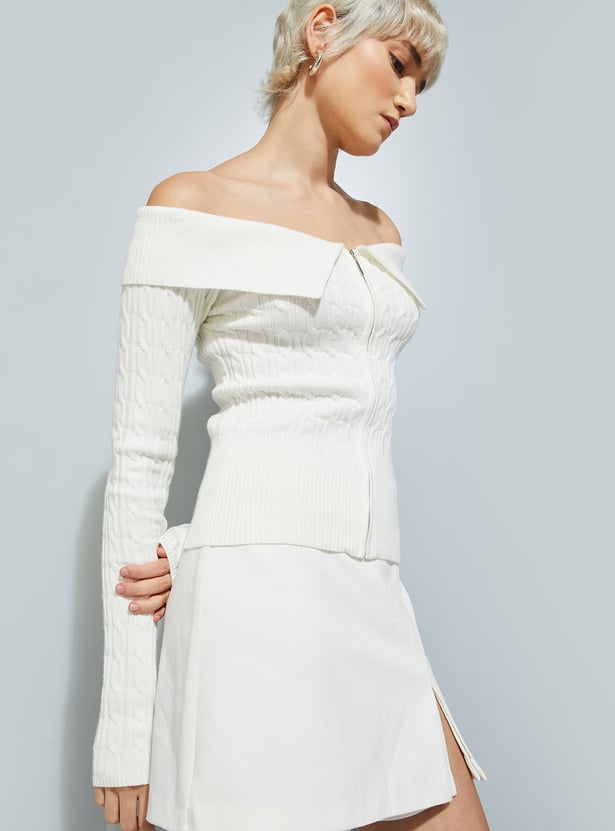 Women Knit Off Shoulder Jacket