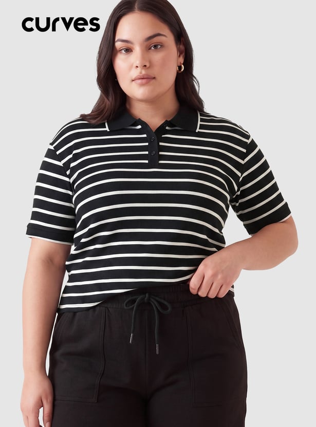 Women Striped Sports Polo T-shirt