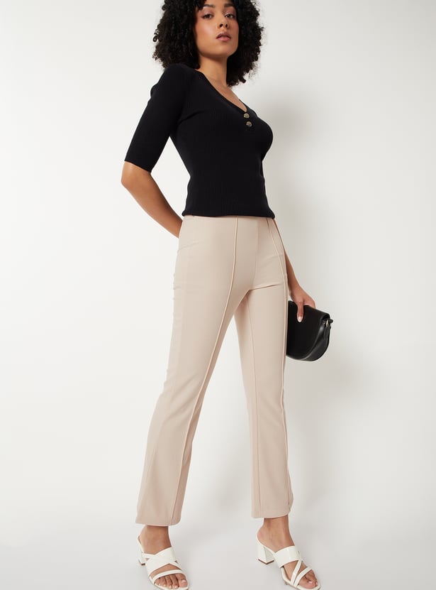 Women Ribbed Kick Flare Trousers