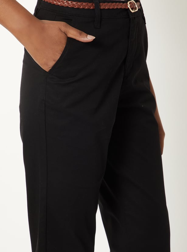 Women Solid Trousers with Braided Belt